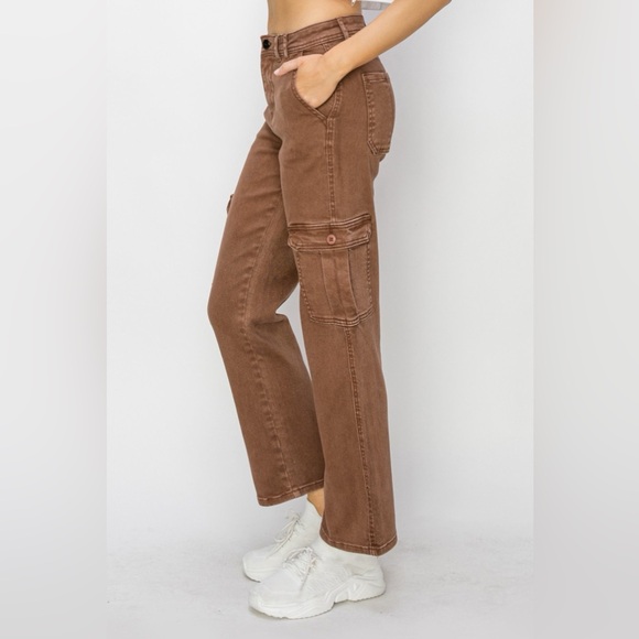 NWT RISEN PLUS + REG Size Espresso Brown High Rise Straight Leg 90s Cargo Jeans - Picture 6 of 10